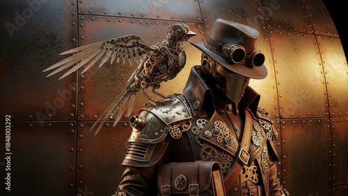 Steampunk Adventurer with Mechanical Bird Companion.