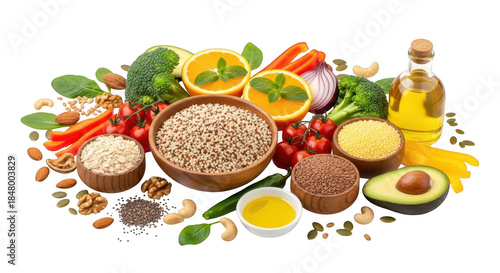 Healthy food arrangement with various grains and vegetables