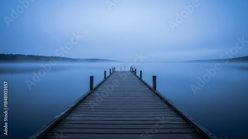 Wallpaper Mural Wooden Dock Extending into Calm Misty Lake at Dawn. Torontodigital.ca