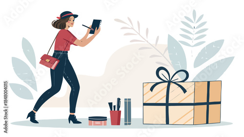 Woman packaging gift with stationery and accessories