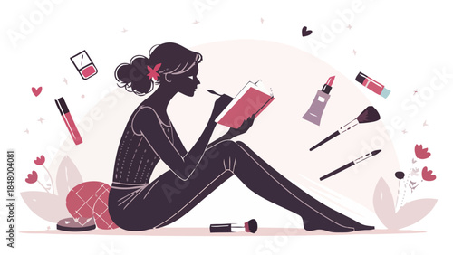 Woman planning beauty routine with makeup and notebook