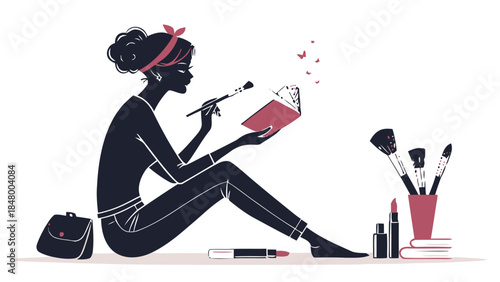 Young woman getting ready with makeup and beauty products