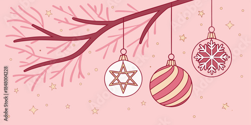 3D rendering of gleaming Christmas balls and festive ornaments on a pink background, perfect for contemporary holiday designs.