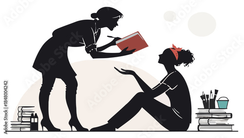 Professional woman mentoring young student with books