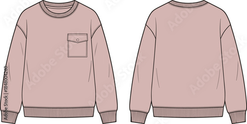 Pink crewneck sweatshirt illustration showing front and back views with chest pocket isolated on white background for fashion design