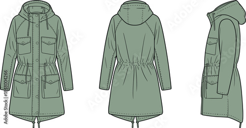 Technical parka jacket vector illustration showing front back and side views, hooded design, utility pockets, fashion apparel template