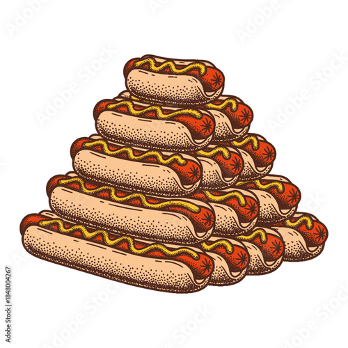 pyramid pile of delicious hot dogs with mustard illustration in retro halftone style