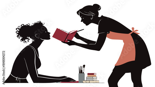 Artist presenting artwork to customer in studio setting