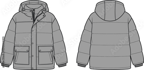 Gray padded winter jacket illustration showing front and back views, hooded insulated outerwear design isolated on white background