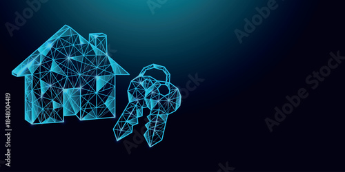 Low poly wireframe house with keys on dark blue background.
