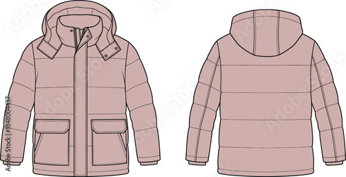 Pink padded winter jacket illustration with front and back views, hooded insulated outerwear design isolated on white background