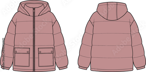Padded winter jacket illustration showing front and back views, hooded insulated coat design isolated on white background