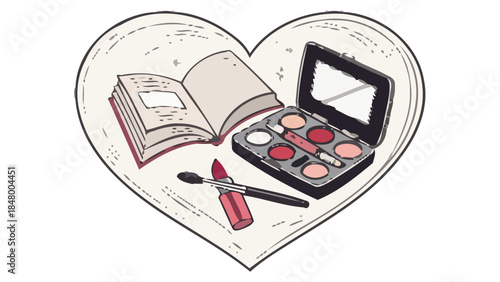 Makeup and book in heart shaped frame