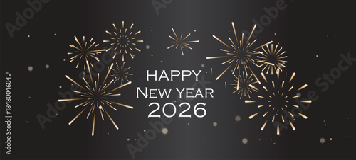 Happy New Year 2026 celebration with golden fireworks on dark background
