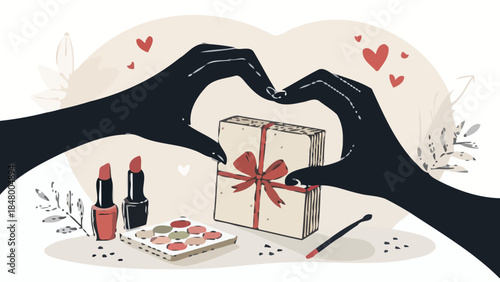 Romantic gift giving with cosmetics and love hearts