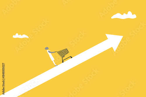 Business woman push shopping trolley rising price arrow. concept of Inflation causing grocery price rising up, more expense, cost and spending, economic crisis or consumer price rising up