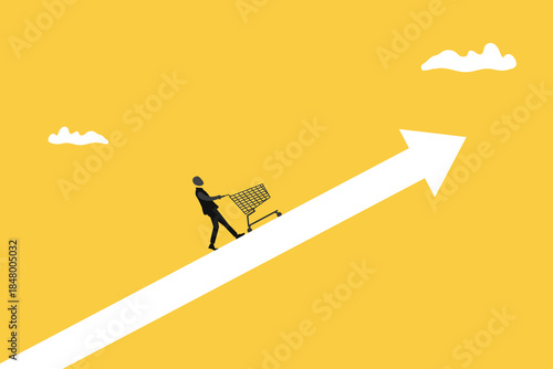 Businessman push shopping trolley rising price arrow. concept of Inflation causing grocery price rising up, more expense, cost and spending, economic crisis or consumer price rising up