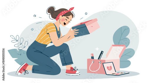 Woman excitedly unboxing gift with laptop and shopping bag nearby