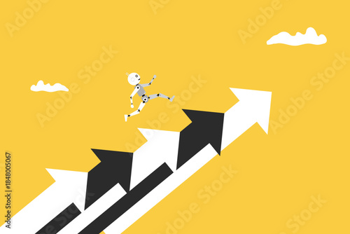 Rise of AI artificial intelligence, innovation technology to develop growth, success or progress, automation or AI for marketing and financial business concept, robot hand walk up growth graph