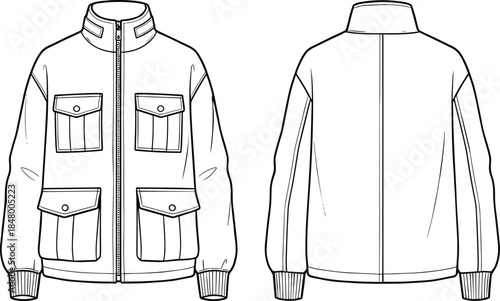 Technical utility jacket vector illustration showing front and back views, multiple flap pockets, zip closure, fashion apparel template