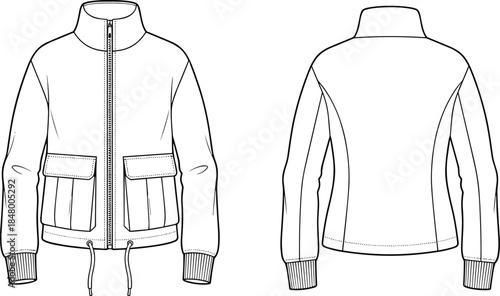 Technical zip up jacket vector illustration showing front and back views, utility pockets, ribbed cuffs, fashion apparel template