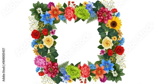 A colorful floral arrangement with a square frame.