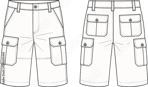 Technical cargo shorts vector illustration showing front and back views, utility pockets, belt loops, workwear fashion apparel template