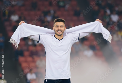 Man holding blank white fan scarf mockup, ai generated