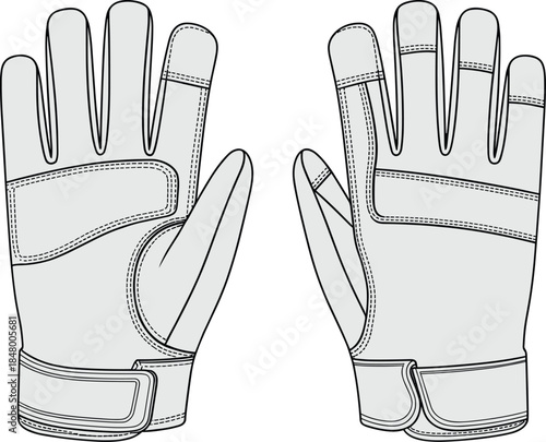 Technical work gloves vector illustration showing palm and back views, protective design details, safety equipment apparel template