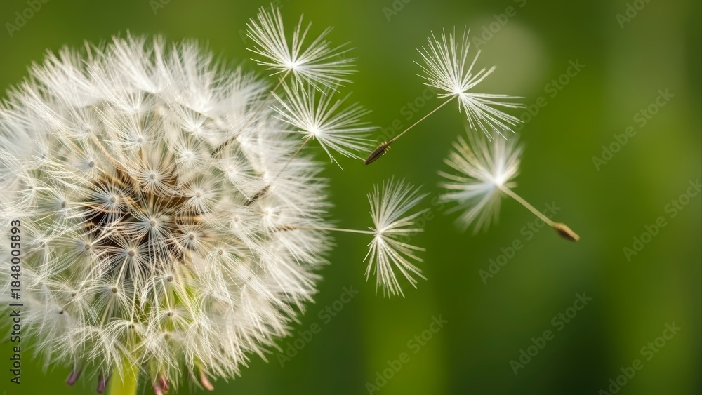 Fototapeta premium Close-up of a dandelion with seeds blowing in the wind on a green background.