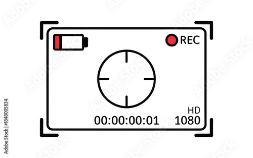 Digital camera recording frame overlay with focus grid high definition 1080p resolution display and low battery warning for multimedia video content creation.