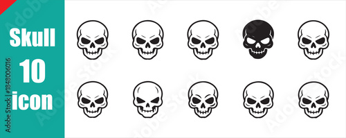 Simple line art human skull icon set. Vector skeleton head symbol collection.