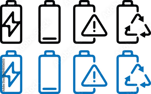 8 battery bule black line icons set vector illustration