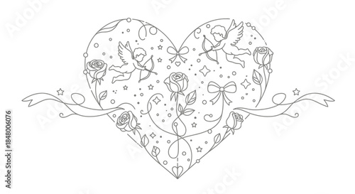 Delicate outline illustration of a heart adorned with roses, stars, and cherubs, perfect for Valentine's Day and romantic designs