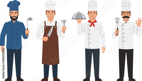 Professional Chefs Vector Illustration Set Showing Restaurant Cooks in Uniform Holding Kitchen Utensils for Culinary Business Food Service and Hospitality Design