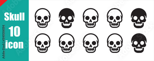 Simple line art human skull icon set. Vector skeleton head symbol collection.