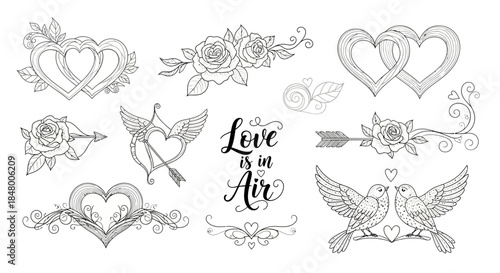 Romantic line art vector collection with elegant hearts, delicate roses, loving doves, and cupid's arrows, perfect for wedding, anniversary, and affectionate design projects
