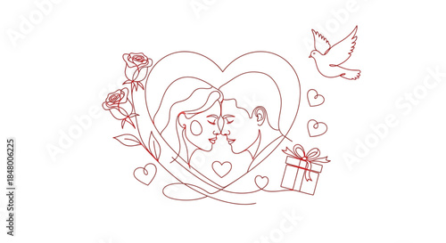 Continuous line art of a couple kissing within a heart, adorned with roses, a gift, and a dove, symbolizing deep affection and connection