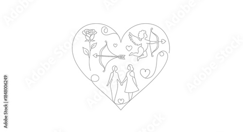 Delicate monochrome vector outline of a heart filled with romantic symbols like a loving couple, mythical Cupid, and a graceful rose, perfect for Valentine's Day
