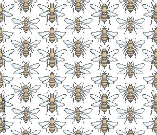 The seamless background with pixel bees.
