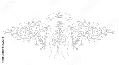 Skeletal hands holding hearts and flowers in a valentine outline illustration