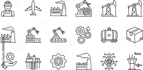 Collection of industrial and manufacturing line icons featuring factories, oil rigs, robotics, logistics, aviation, engineering elements, machinery, and modern production technology