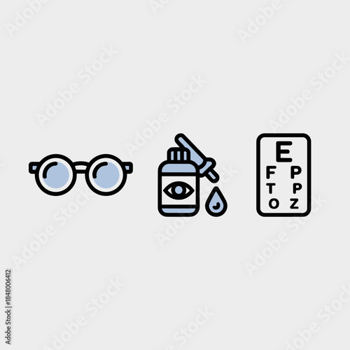 Vision Care Icon Set Featuring Eye Chart, Eye Drops, and Eyeglasses