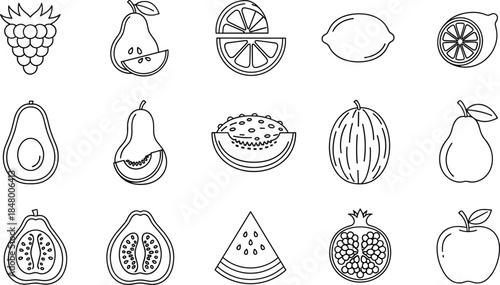 Collection of assorted fruit line icons featuring pears, citrus slices, melons, berries, figs, pomegranate, avocado, and other fresh organic produce illustrations