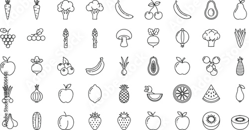 Collection of fresh fruits and vegetables line icons featuring assorted produce, healthy food elements, organic ingredients, seasonal items, and natural nutrition symbols