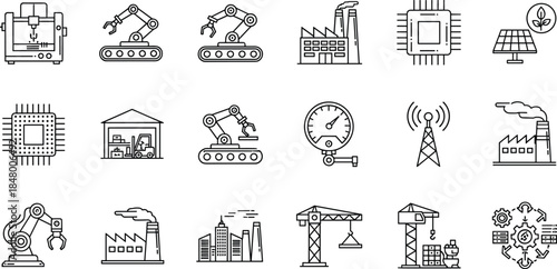 Collection of industrial automation and manufacturing icons featuring robotics, factories, machinery, chip technology, construction equipment, warehouses, renewable energy, and production systems