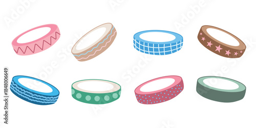 Decorative tape set, washi ring icons. Tape ring collection, tape set. Washi tape elements, tape roll illustrations