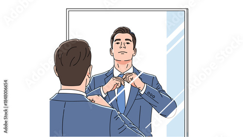 A businessman carefully adjusts his blue tie while looking at his reflection in a mirror, preparing for a professional day.