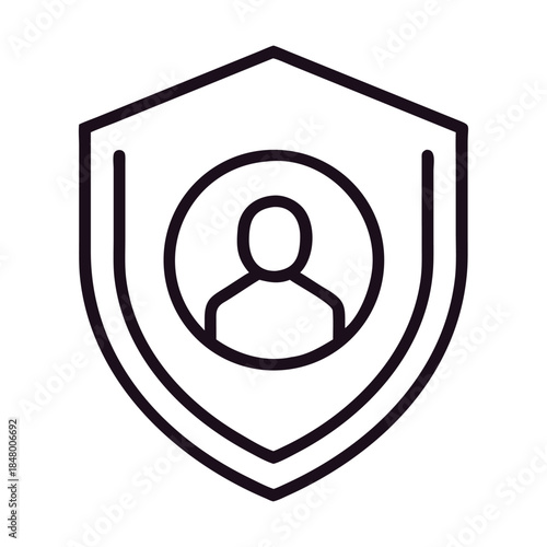 Shield with person inside icon isolated on symbol of protection, security, privacy, and safety outline vector illustration for web and mobile design