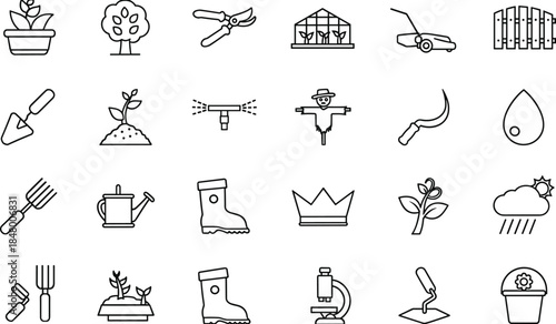 Collection of gardening and farming line icons featuring tools, plants, irrigation, greenhouse elements, landscaping equipment, and essential agricultural care symbols